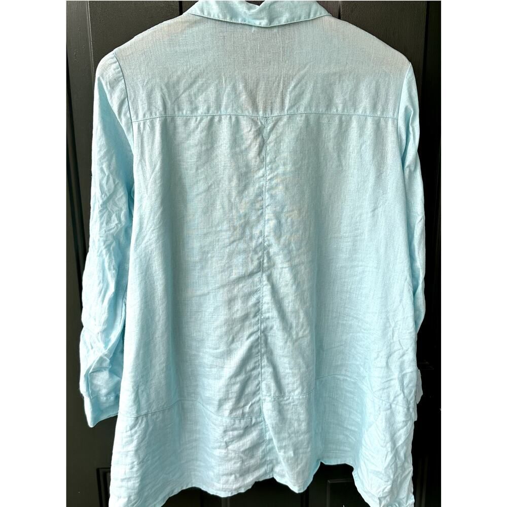 Symple NYC Sz S 100% Linen Aqua Blue Button Front Asymmetric Hem Tunic Lagenlook - Picture 5 of 7